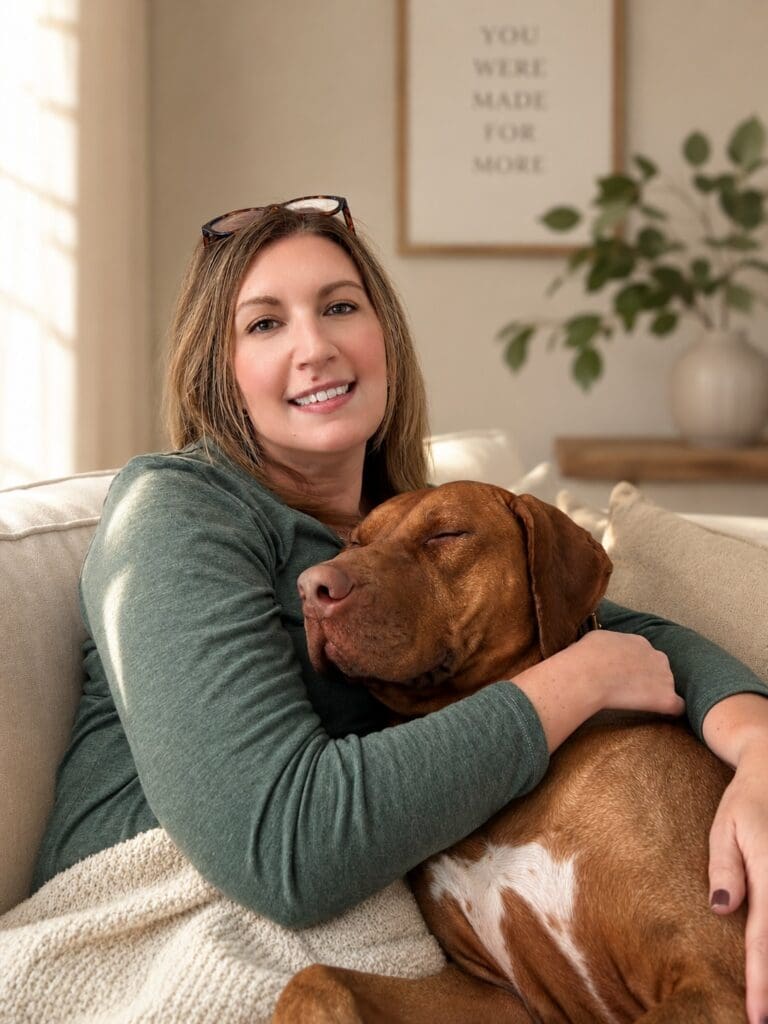 Michele Montenegro with her dog Neo in the therapy office, where he sometimes joins sessions to help clients feel at ease.