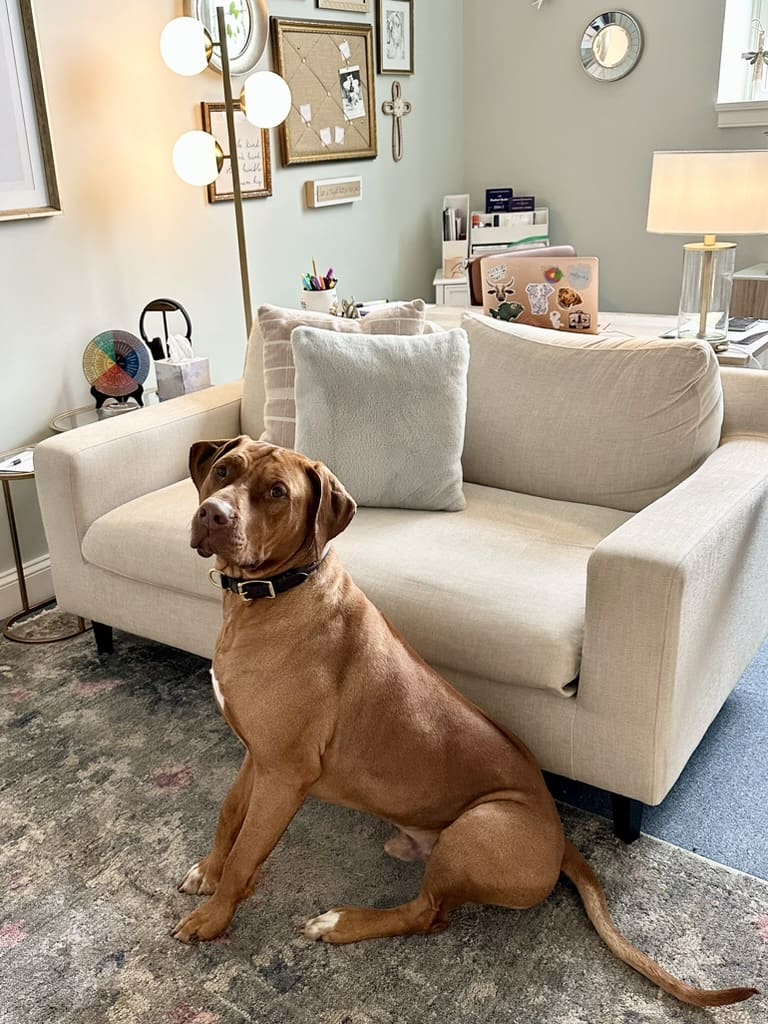 Close-up of private pay therapist Michele Montenegro with her Rhodesian Ridgeback, Neo, a calming presence in her therapy practice.