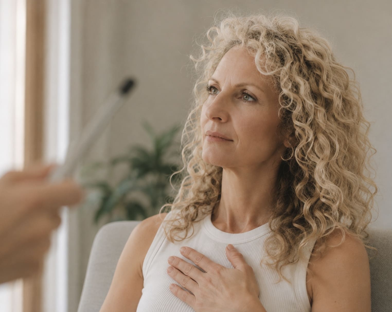 Woman gazing to the side in a fixed point of focus, representing Brainspotting therapy sessions offered at arKardia.